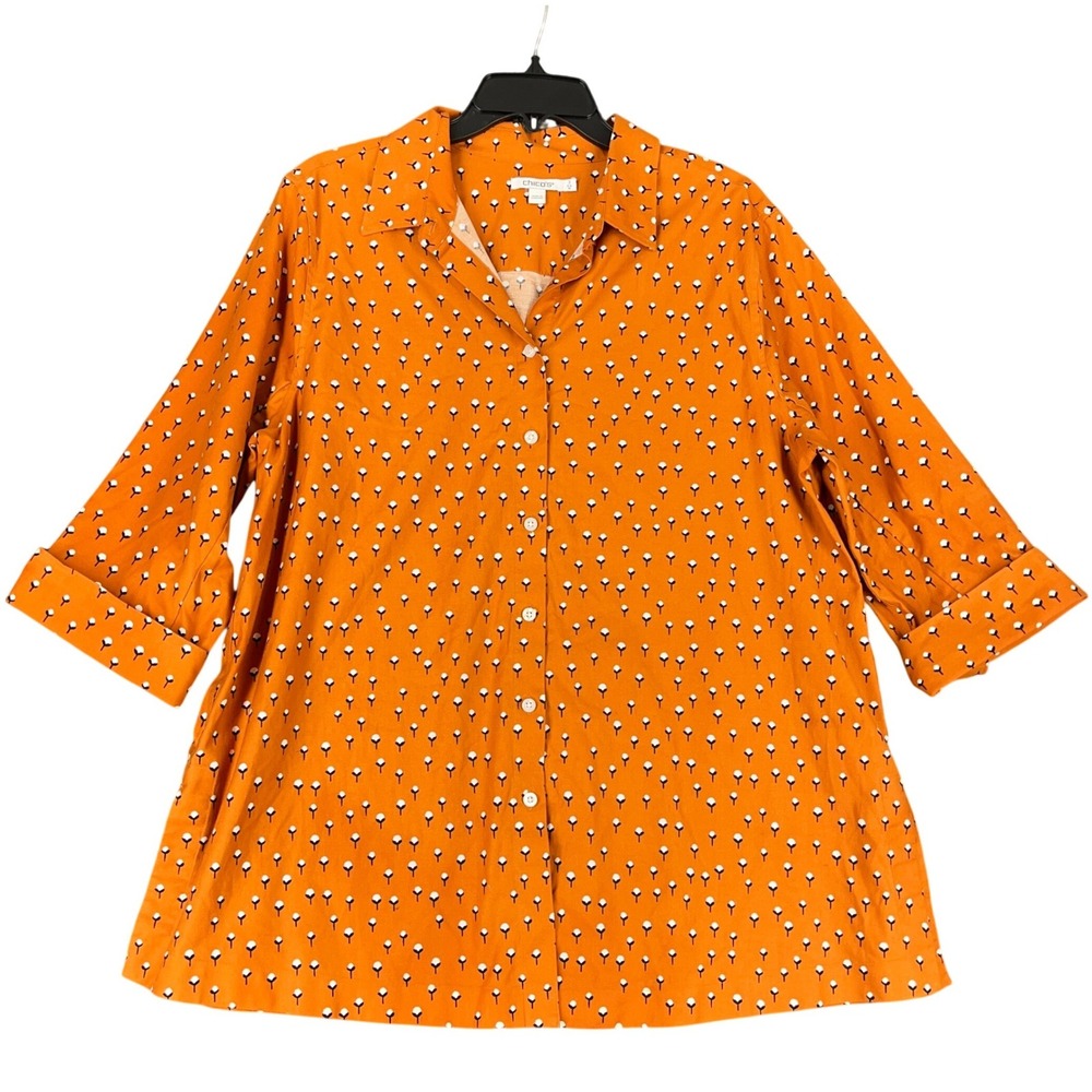 Chico's Cotton Blend Floral Button‎ Down Shirts Orange Size 16 Womens
